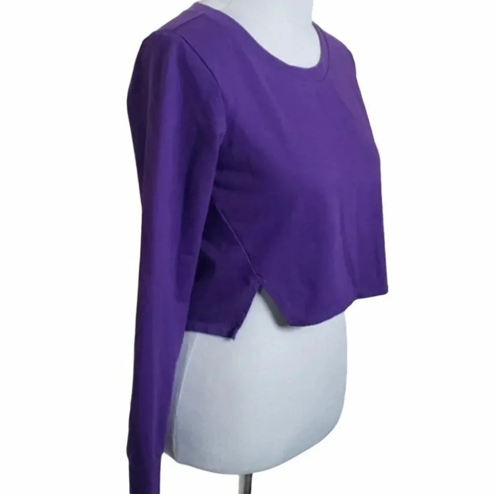 Lucy Long Sleeve Top XS‎ Purple Cropped Side Slit Athletic Crew Neck Fleece